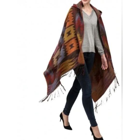 Euty Women’s Oversized Patterned Poncho w/ Hoodie Sweater One Size Red Orange - Picture 4 of 6
